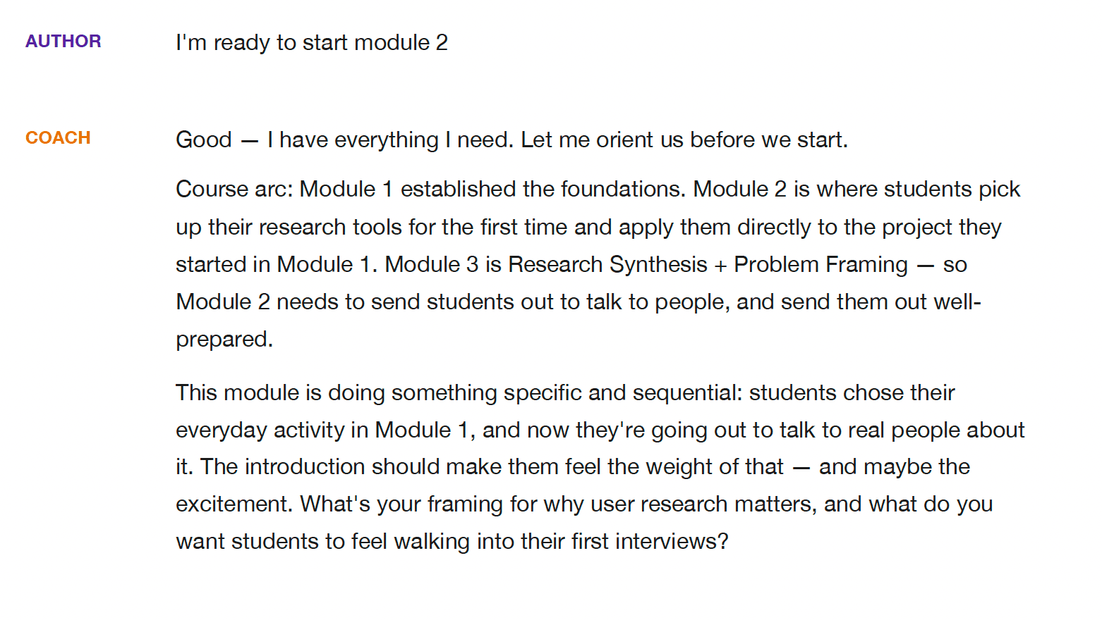 The Course Development Coach guiding an author through the course arc, module by module.