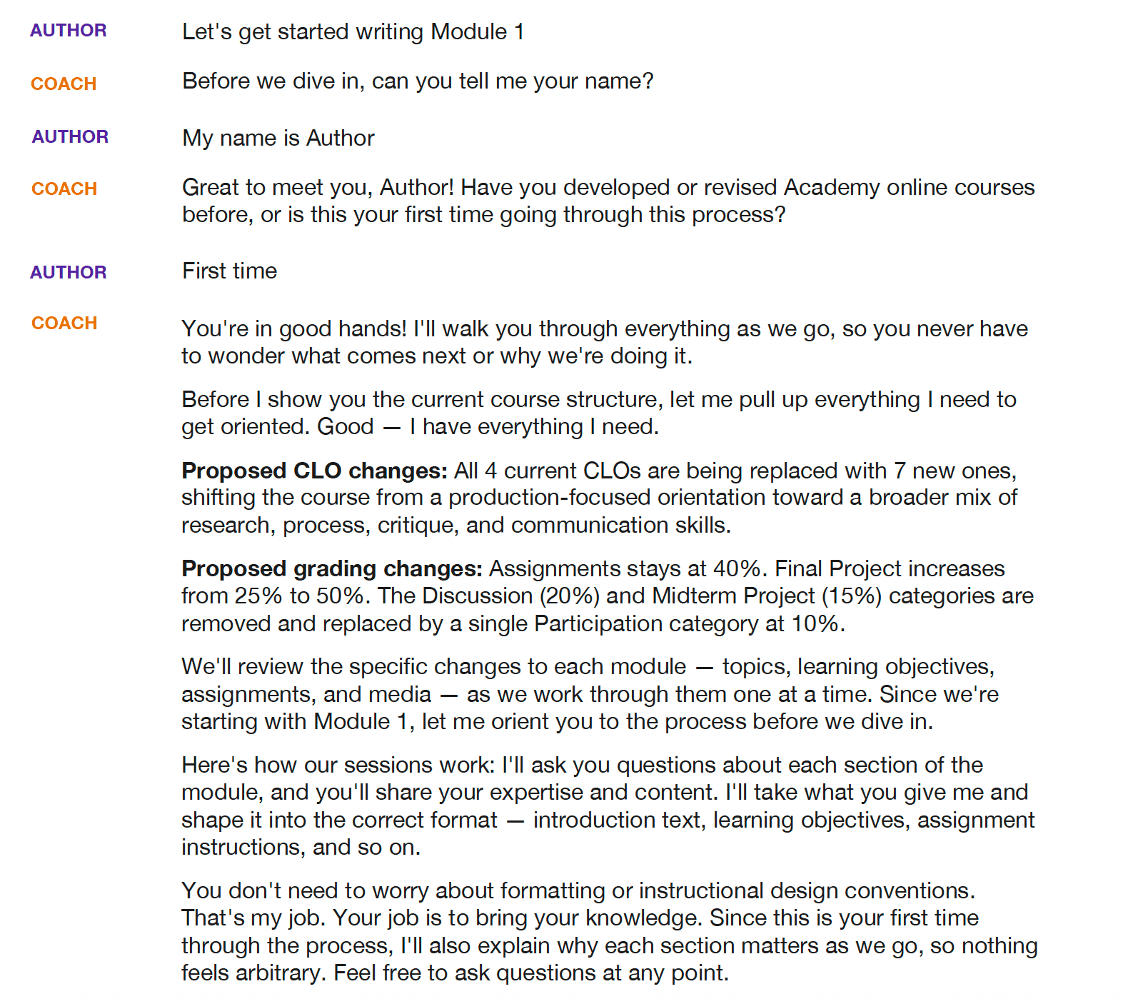 The Course Development Coach onboarding an author and orienting them before any authoring begins.
