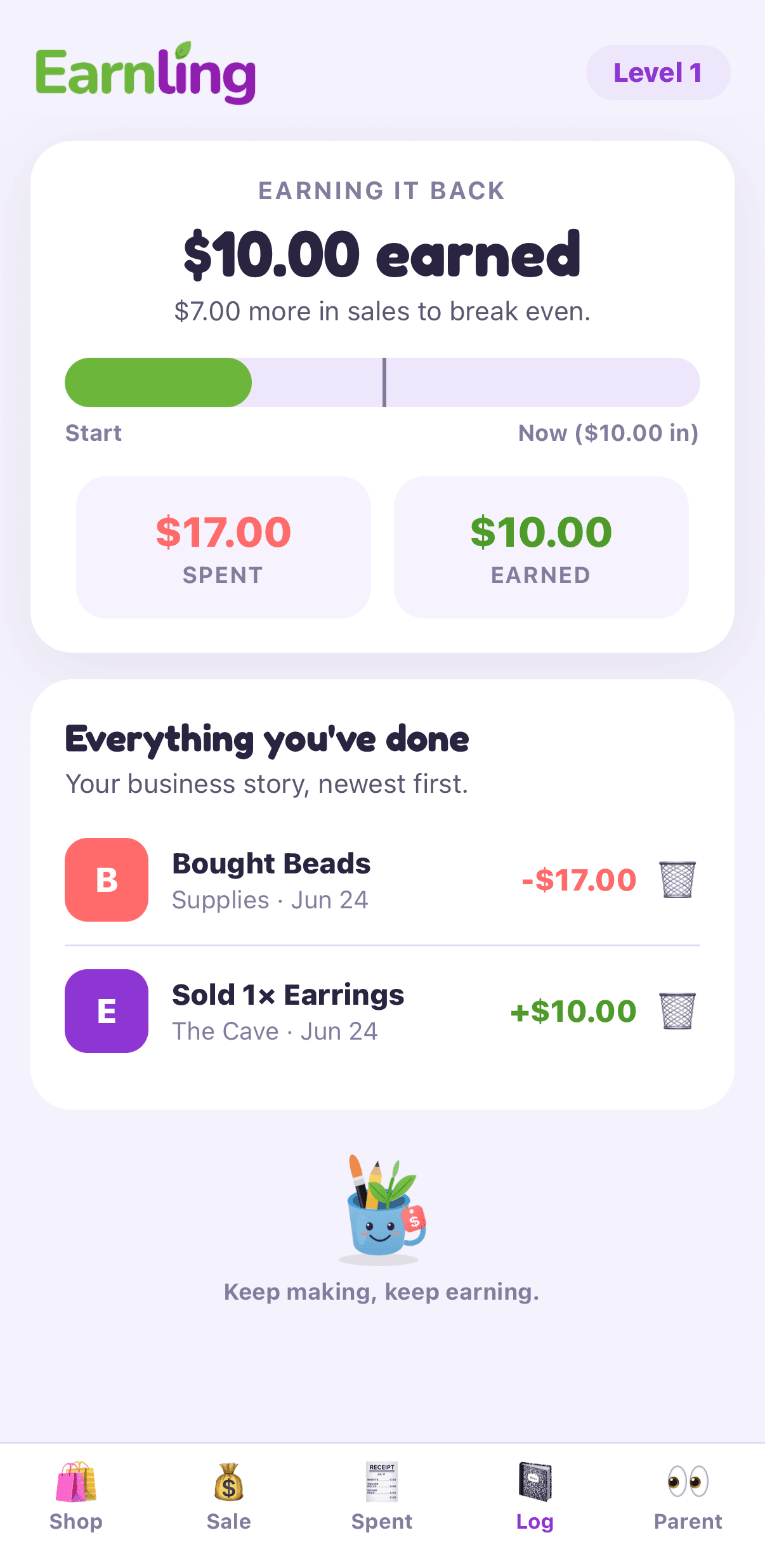 The Earnling app: a kid's progress toward breaking even, showing money spent, money earned, and their business story newest first.