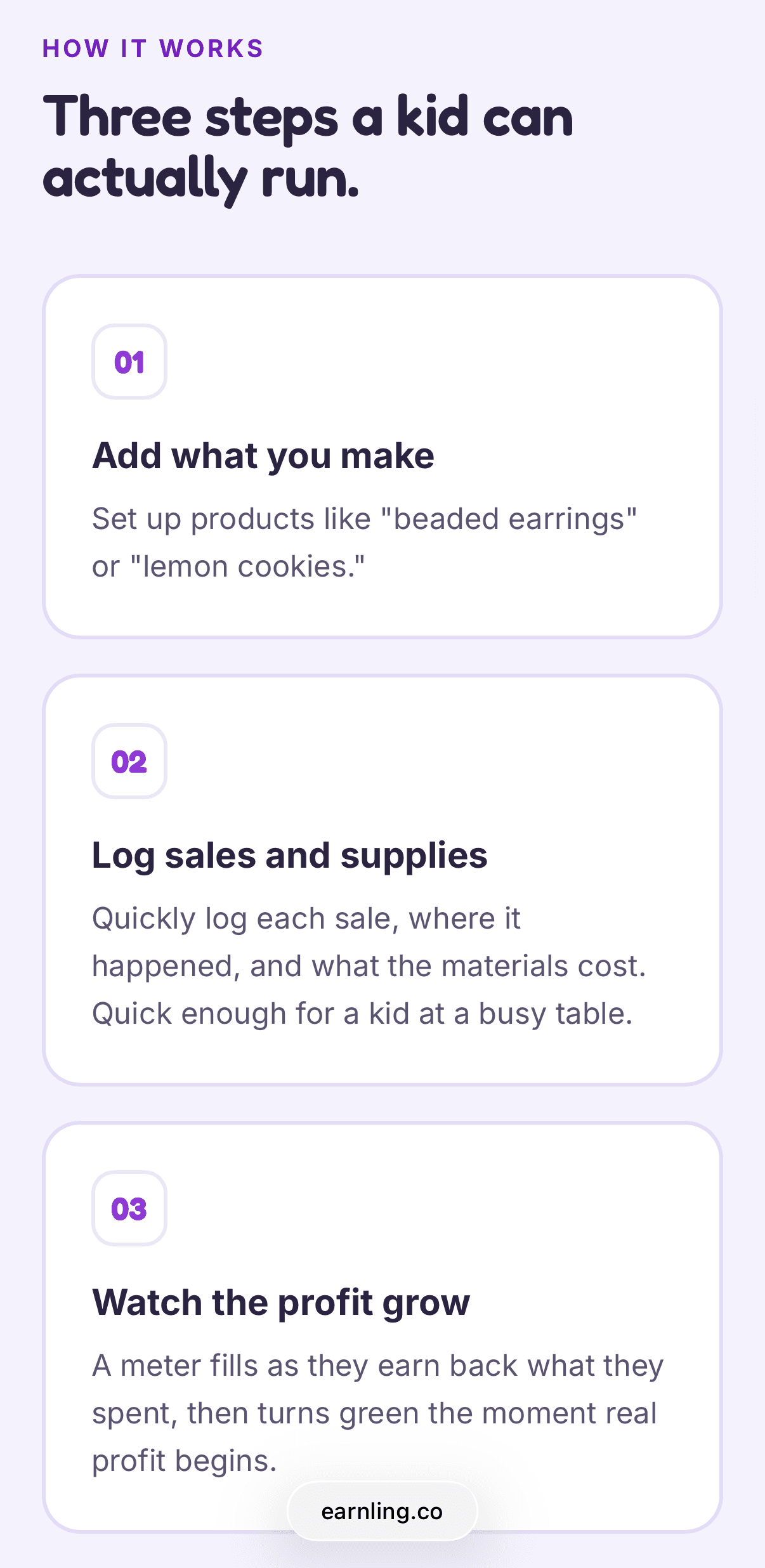Earnling 'How it works': three steps a kid can actually run, from adding products to watching profit grow.