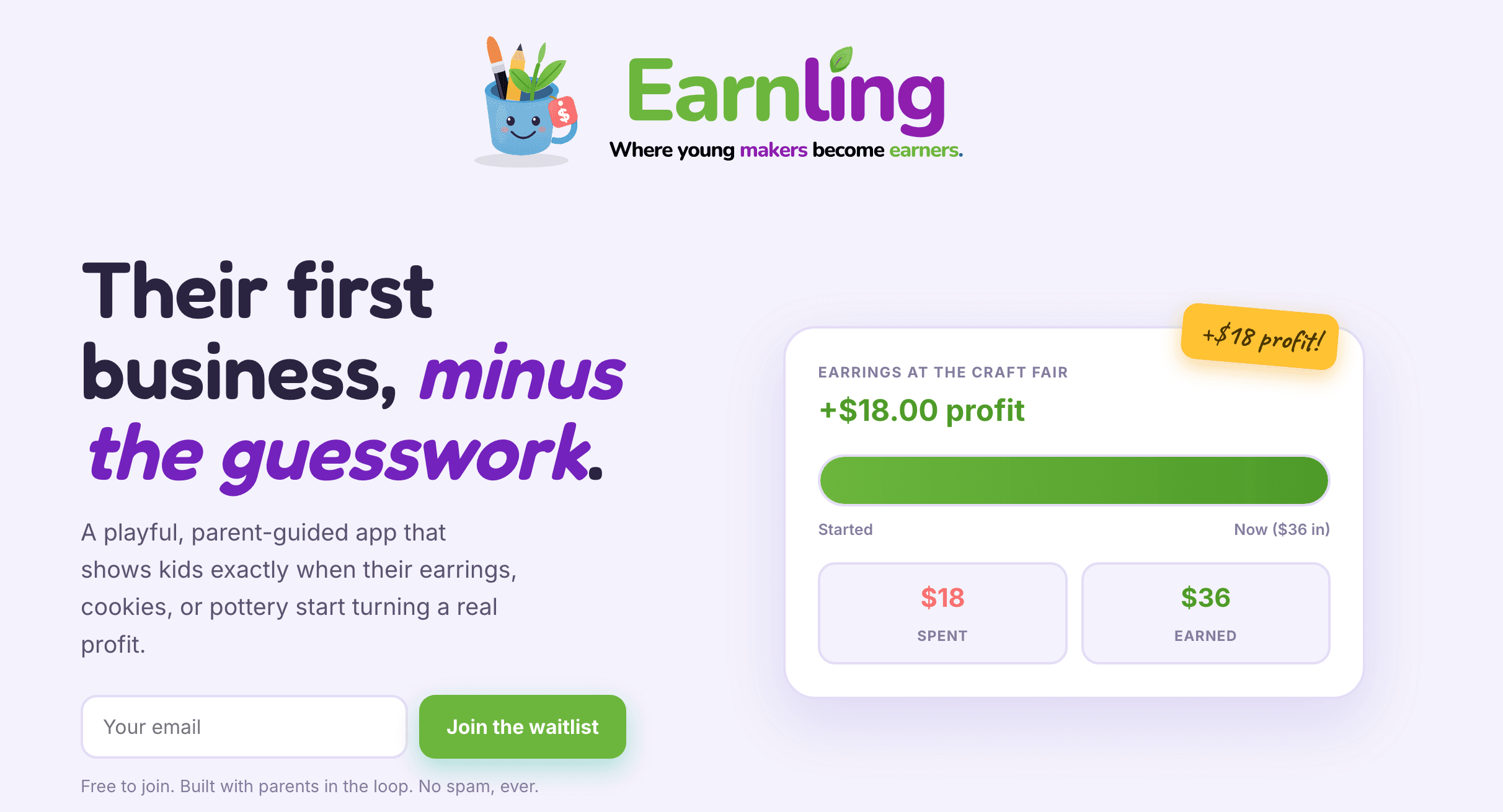 Earnling landing page: 'Their first business, minus the guesswork,' showing an earrings business with a +$18 profit.