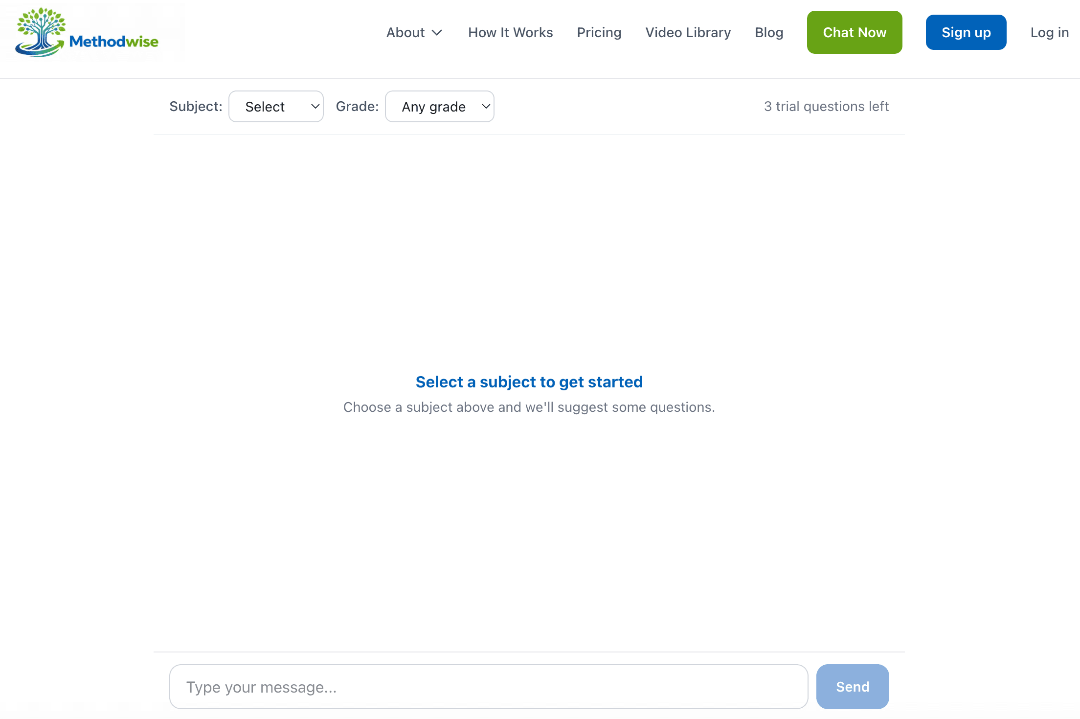 The Methodwise starting screen, where a parent picks a subject and grade level.