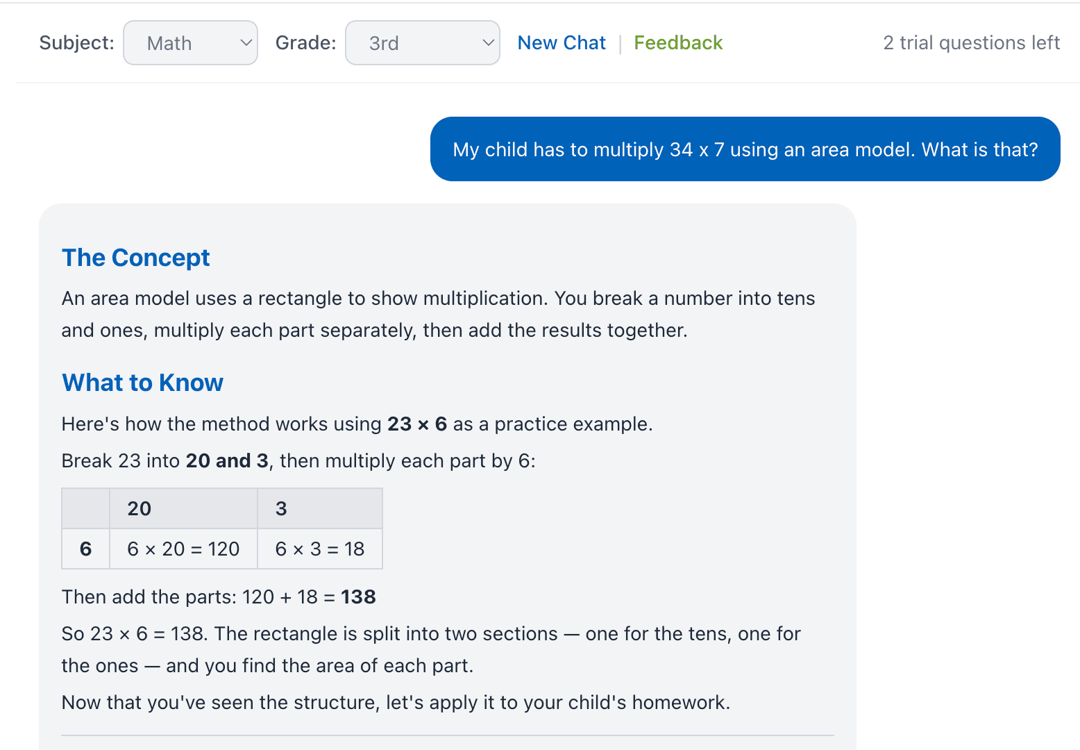 Methodwise explaining an area model multiplication problem step-by-step to a parent.